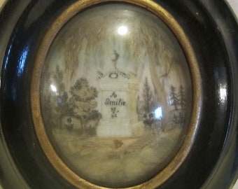 Antique memento mori, framed miniature with hair work cemetary scene; mourning frame, palette hair work; memento mori mm227