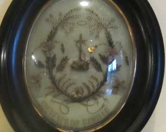 Antique memento mori, hair work, hair art, French Victorian mourning frame; memento mori mm224