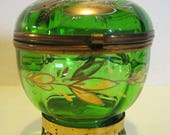 Cute art nouveau glass trinket box, sweet container, dressing table, antique bonbonnière with dragonfly ca 1900, gold decor