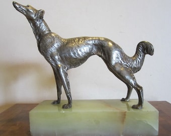 Antique art deco bronze dog silver plated on onyx base, windhound, barzoi, borzoi by Louis Carvin, France