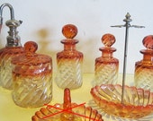 Antique French Baccarat set 6 pc amberina crystal dresser table TOOTHBRUSH holder perfume bottles, powder box, vanity set. Rose Tiente