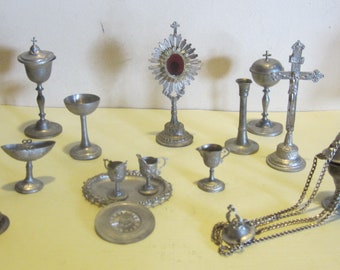 Antique miniature Mass Set,altar set, 14 pc,pewter, VERY RARE doll house accessories, ca 1900, children's toy, France