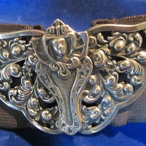 Antique art nouveau silver plated figural belt buckle Jugendstil, ca 1900&#39;s, dragonfly, lady butterfly, near mint!