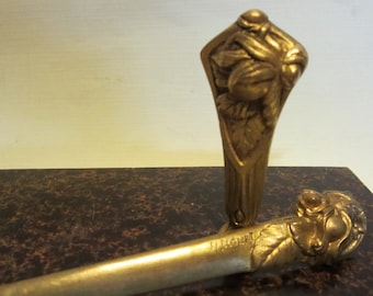 Antique French art nouveau gilt bronze seal & letter opener, boxed desk set with hazelnuts decoration, signed Frecourt, ca 1900, France