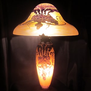 Antique Le Verre Francais art nouveau lamp, acid etched cameo glass, Schneider, 1918-1922, purple grapes design, big size: 18,9 inch