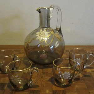 Gorgeous antique art nouveau liqueur set, enamelled glass decanter and 4 glasses. ca 1900.