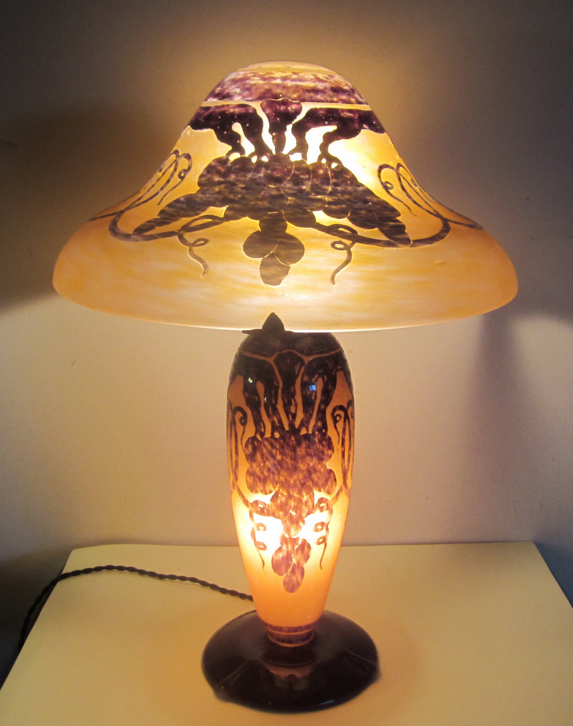 Antique Le Verre Francais Art Nouveau Lamp, Acid Etched