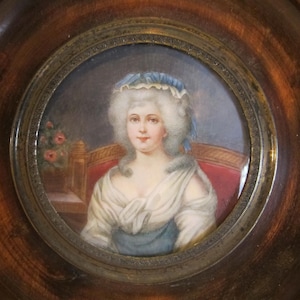 Antique French miniature portrait painting of a noble lady in a wooden frame
