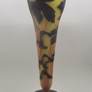 Antique DAUM NANCY cameo glass acid etched maple vase, art nouveau signed , 11,6 inch H; ca 1910 - 1920