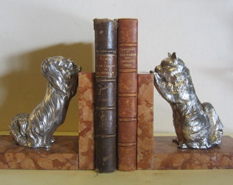 ANTIQUE art deco book ends silver plated: cat and dog, made in France, bookends art deco RARE! ca 1925.