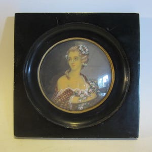 Antique French miniature portrait painting of a noble lady in a wooden frame, signed