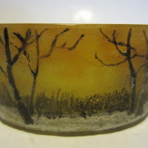 Antique DAUM NANCY miniature cameo glass acid etched winter vase w snow landscape, art nouveau signed, 1 inch H, 2 inch wide; ca 1910 - 1920