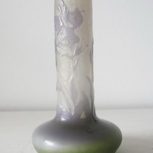 Small original antique Gallé cameo glass stick vase, miniature acid etched vase, authentic Emile Gallé, art nouveau, France, ca 1910