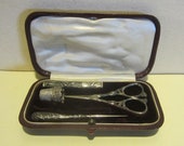 Art nouveau silver sewing etui, antique sewing tools in fabric lined case, collectable antique sewing tools and accessories