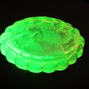 Turtle Uranium Glass Trinket Box Vaseline Yellow Uranium Glass  heisey vintage glass trinket dresser box dish with lid uranium glows yellow main image 1