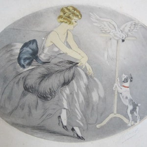 2 antique lithographed boxes, lady w butterfly and lady w dog and parrot. French, contemporary of Louis Icart, France. art deco