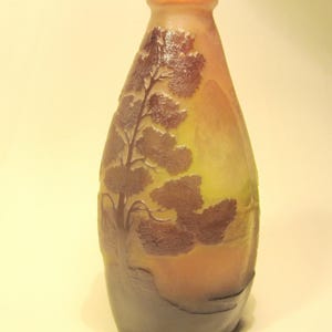 Antique Emile Gallé cameo glass vase, acid etched vase with a landscape and trees, pate de verre, art nouveau, France, early 1900