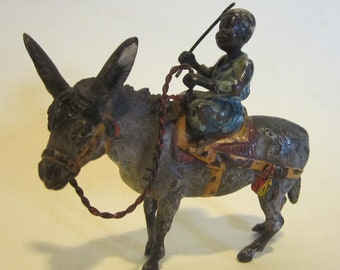 Antique Vienna bronze statue cold painted donkey with little boy, cute little bronze, hand painted Wiener bronze, ca 1920