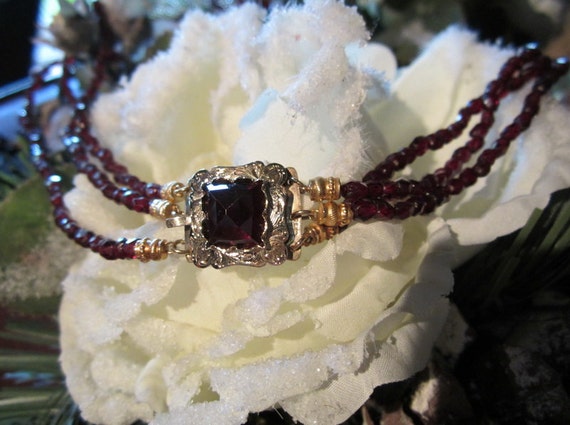 Antique 14k Gold Dutch 3 Strands Garnet Necklace Choker Ca 1890