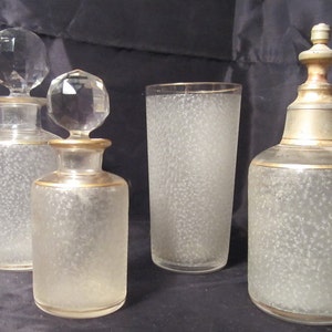 Antique fine Saint Louis crystal vanity set 4 pc dresser table pieces tumbler, 2 perfume bottles, sprinkler, atomiser; St Louis, France