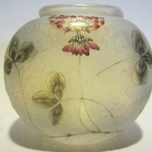 Antique DAUM NANCY miniature cameo glass acid etched vase w red flowers and clover, art nouveau signed , 2,4 inch H; ca 1910 - 1920