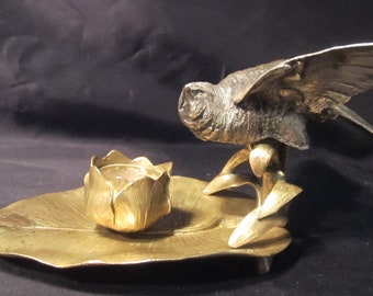 Antique French gilt bronze candle holder with silver plated bronze bird by Charles Cumberworth (1811 - 1852), France