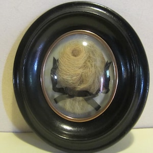 Antique Victorian French framed hair work, mourning frame, lock of  blond hair; memento mori; mm329