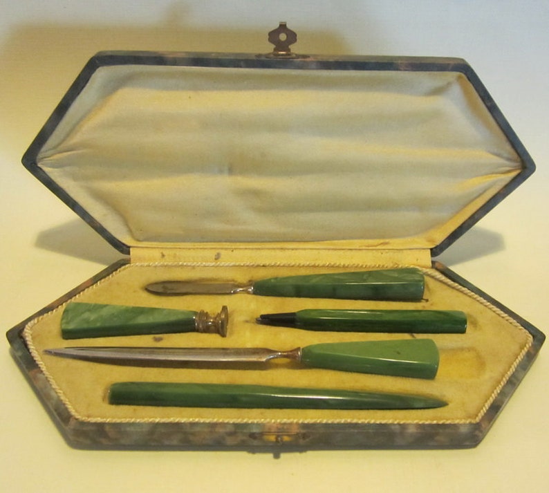 Antique French Art Deco Desk Set Virgin Wax Seal Pen Holder Image 0
