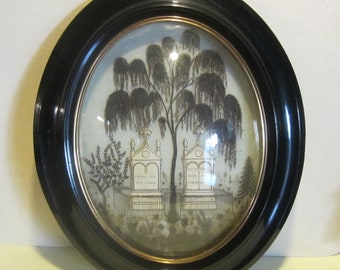 SUPERB memento mori, hair work, FAMILY mourning frame,XL grave yard scene, palette hair work; 14,2 x 11,8 " memento mori mm306