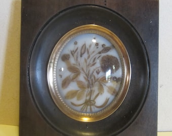 Antiguo marco victoriano francés con trabajo de cabello, marco de luto, trabajo de cabello con paleta; memento mori, mm252