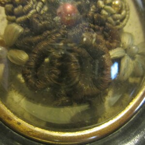 May include: A framed oval locket with a glass cover, containing a collection of brown hair, white and gold beads, and small white flowers.