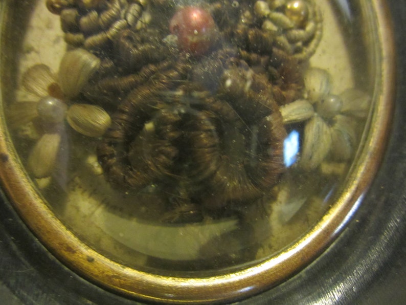 May include: A framed oval locket with a glass cover, containing a collection of brown hair, white and gold beads, and small white flowers.