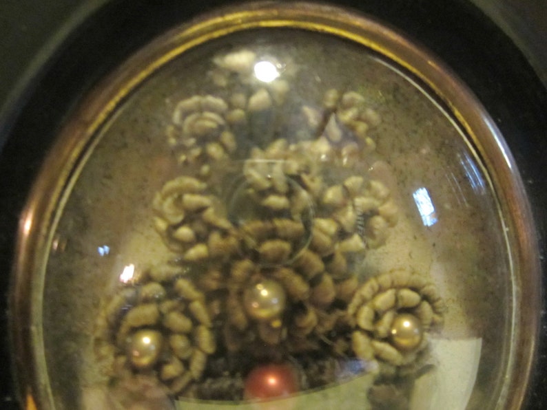May include: A close-up of a glass dome containing a cluster of dried white flowers, arranged in a circular pattern. The flowers are surrounded by small, gold-colored beads.