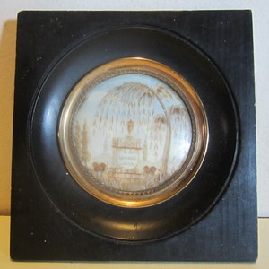 Antique memento mori, framed miniature, graveyard scene,hair work from deceased loved one; mourning frame, palette hair work; mm272