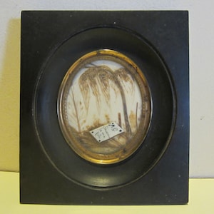 Antique memento mori, framed hair art w graveyard w hair work from deceased loved one, mourning frame,palette hair work; memento mori mm291