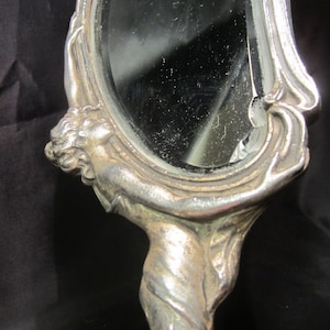 Antique silver plated hand mirror, art nouveau, with lady, ca 1900