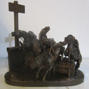 Antique cast iron &quot;Steeplechase&quot; sculpture by Paul Gayrard, monkeys on horses, racing &#39;six tours&#39;
