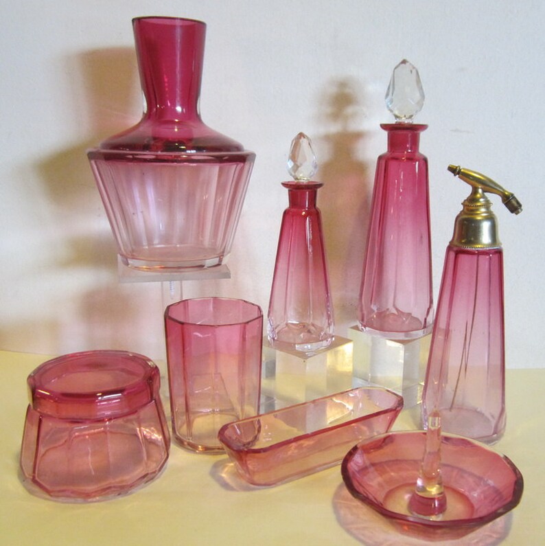 Rare Baccarat Gold Enamel Crystal Dresser Vanity Perfume Set 3 Pc Antiques
