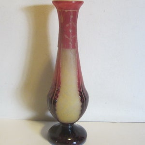 Antiguo Le Verre Francais, jarrón art déco en vidrio cameo grabado al ácido, paté de verre, ca 1920, decoración AMARANTES, Francia