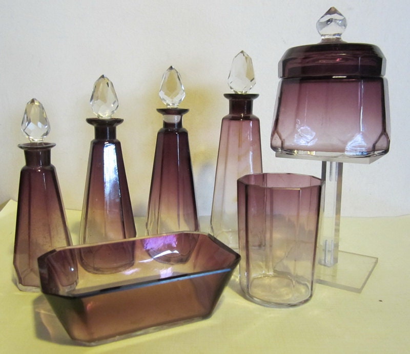 Antique purple crystal vanity set 7 pc dresser table water Etsy