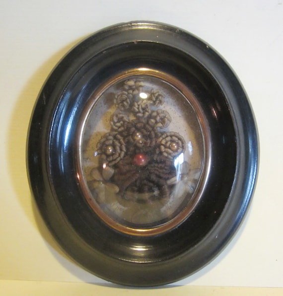 Antique memento mori, French hair work, gimp work, 3 D mourning frame, hair art;  Napoleon 3,  mm322
