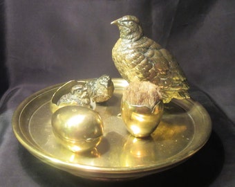Antique Vienna bronze set, quail and young on tray, ink pot, inkwell . Wiener bronze, ca 1920