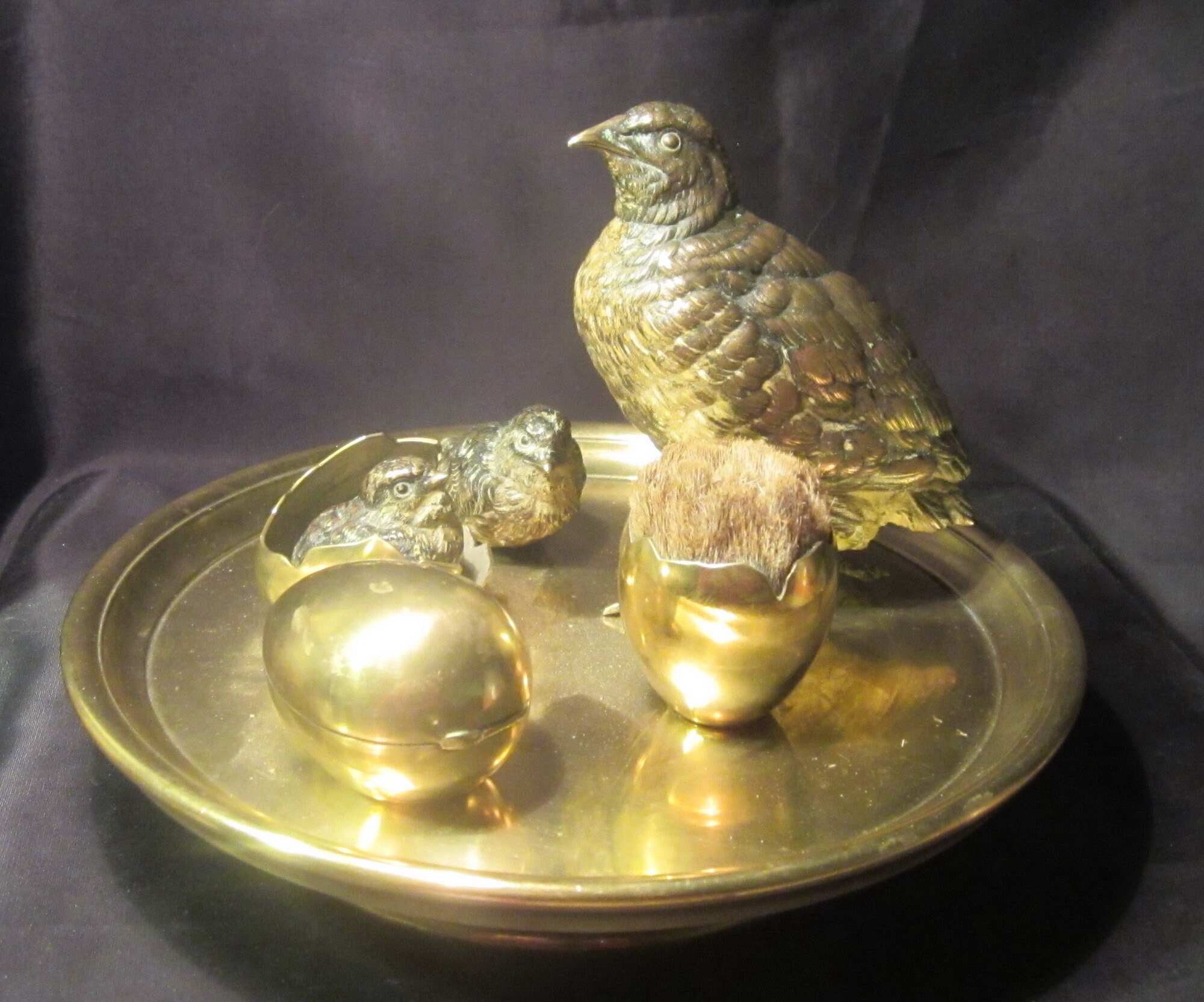 Antique Vienna bronze set, quail and young on tray, ink pot, inkwell . Wiener bronze, ca 1920