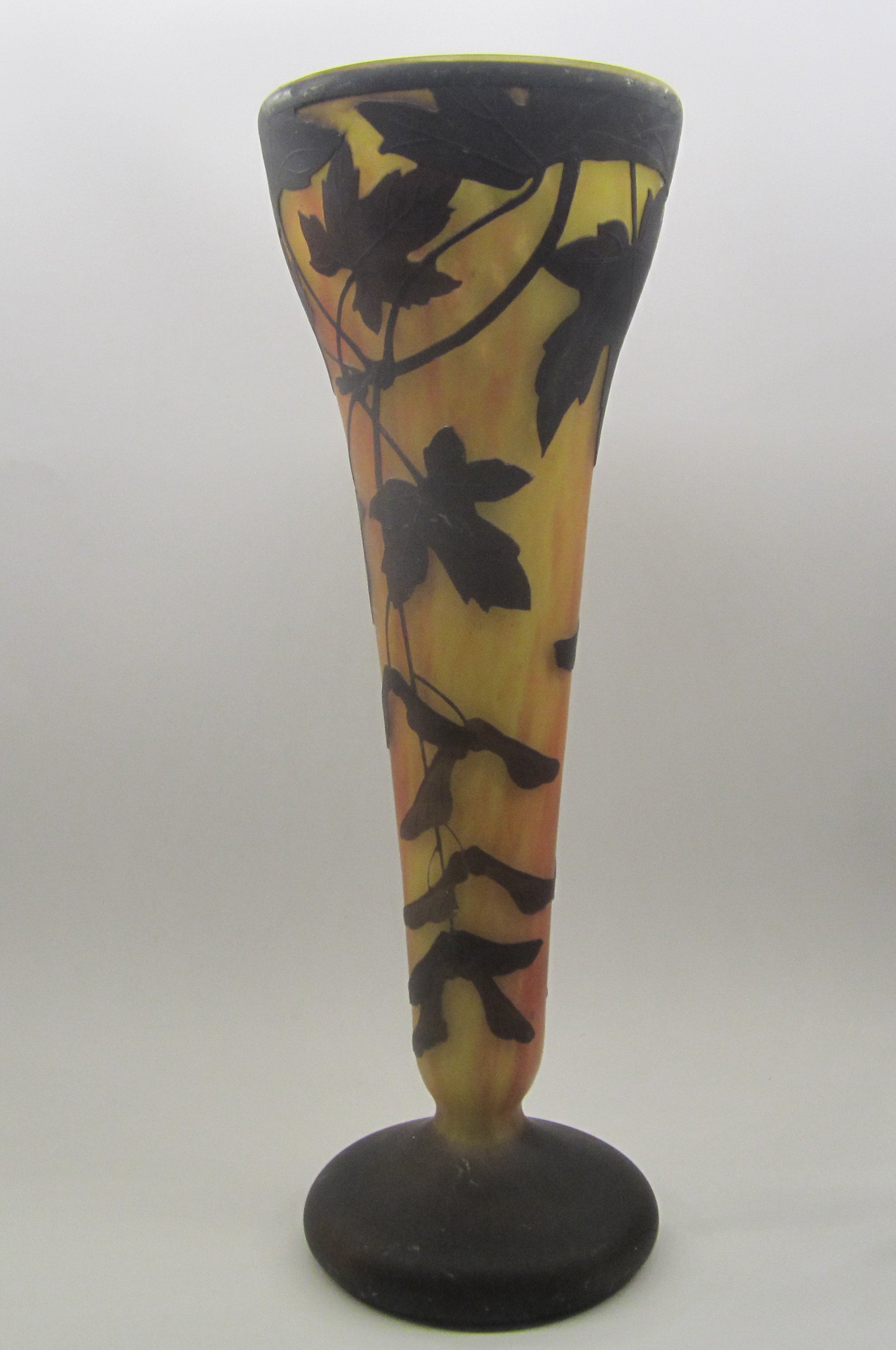 Antique DAUM NANCY Cameo Glass Acid Etched Maple Vase, Art Nouveau