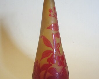 Original antique Gallé cameo glass vase, miniature acid etched vase, authentic Emile Gallé, art nouveau, France, ca 1910