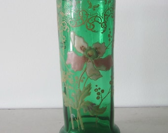 Antique French Legras glass vase enameled flowers, St Denis, MontJoye, L & Cie, PERFECT condition! ca 1910, art nouveau, rare small vase!