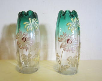 2 antique French Montjoye Legras enameled vases, art nouveau vase,St Denis, L & Cie, PERFECT condition! enameled flowers