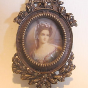 Antique French miniature portrait painting of a noble lady in a bronze frame