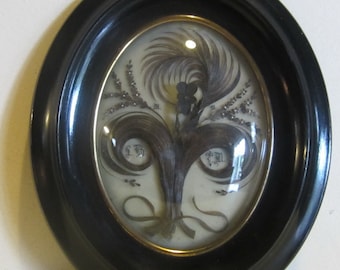 Memento mori antiguo, obra de cabello enmarcada de la época victoriana francesa, marco de luto, obra de cabello con paleta; mm315