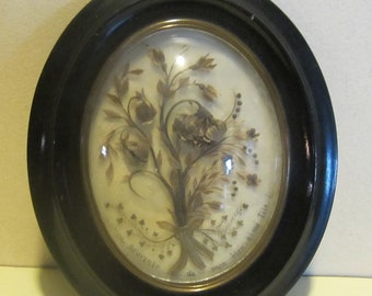 Antique memento mori, Victorian French framed hair work, mourning frame, palette hair work;   mm303
